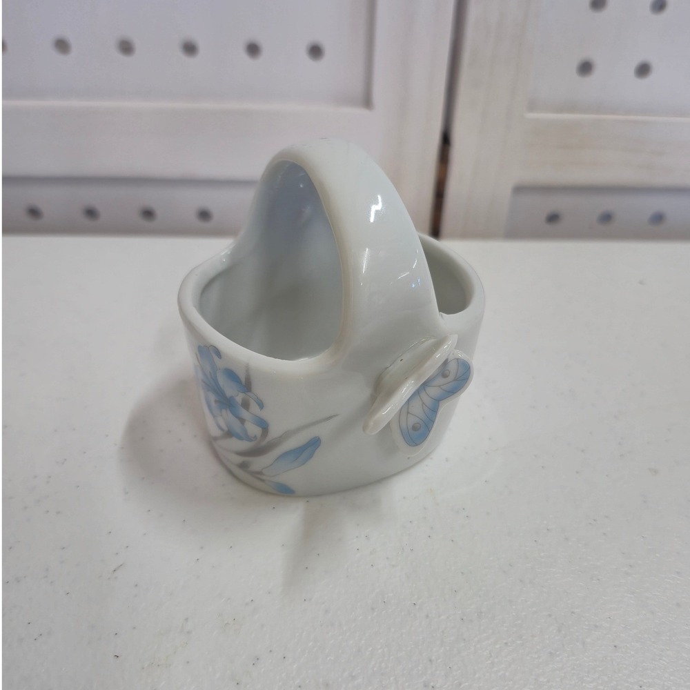 Vintage Ceramic Mini Basket Blue Floral Butterfly Porcelain Trinket Dish Decor